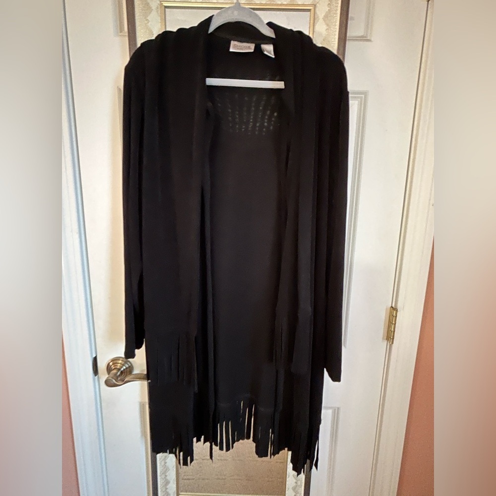 CHICO'S TRAVELERS BLACK FRINGE JACKET CARDIGAN 2 Large